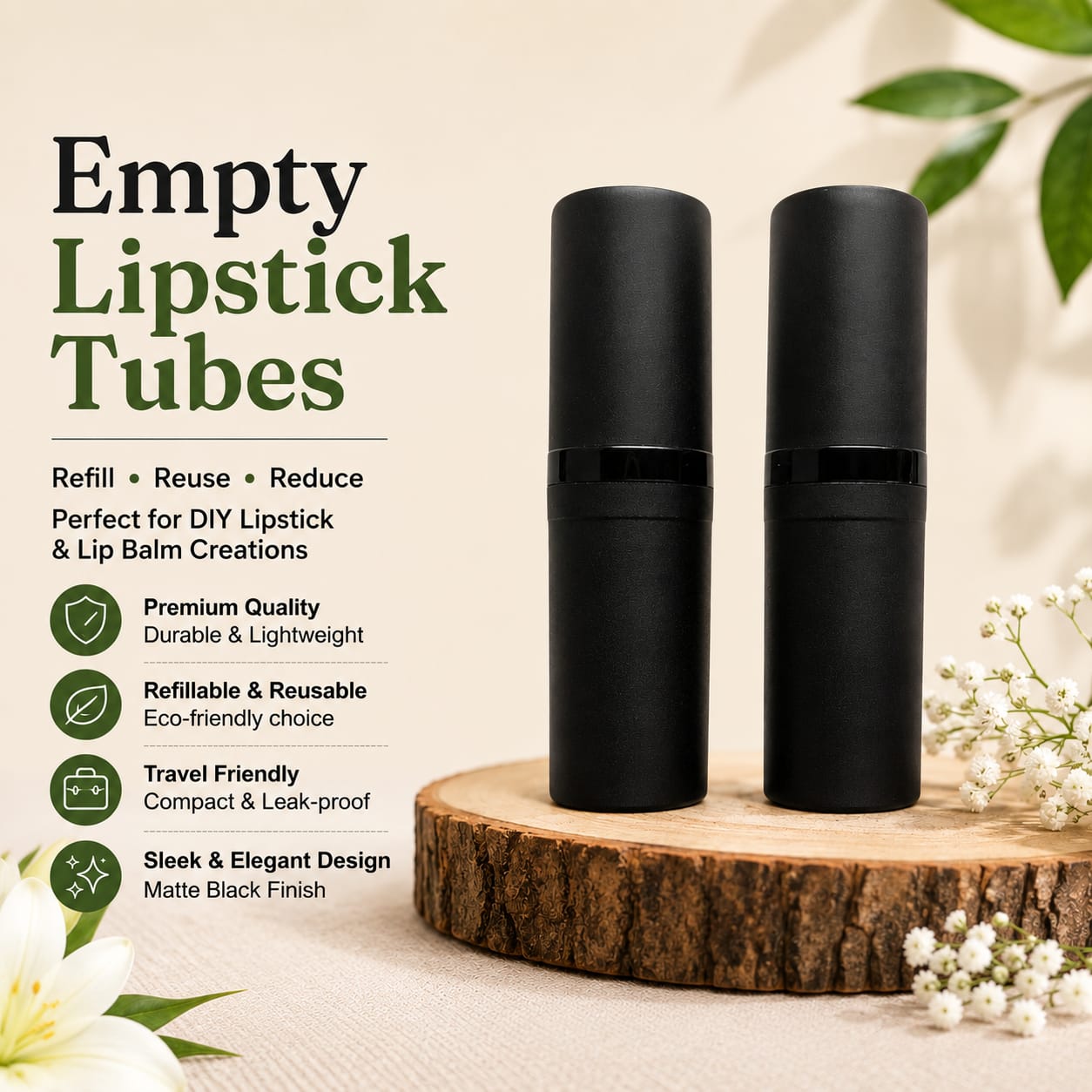 Black Empty Lipstick Tubes - Round Bullet Shape Refillable DIY Cosmetic Container