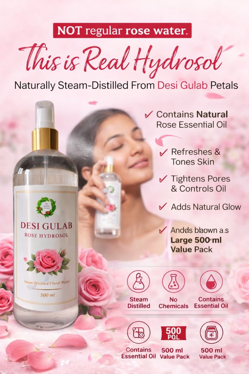 Desi Gulab Rose Hydrosol (500 ml) – Steam Distilled Pure Rose Water with Natural Essential Oil | Skin Toner, Face Mist & Hair Care